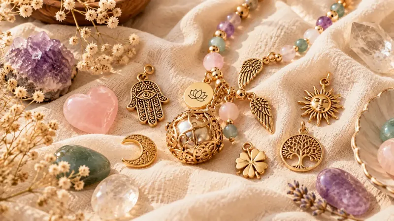 Gold charms, a hamsa hand and gemstone beads